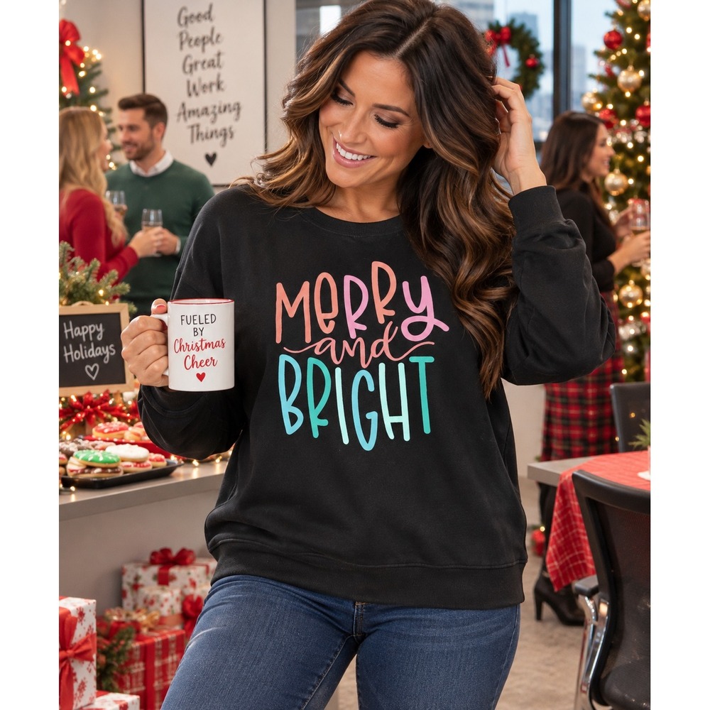 Merry and Bright Christmas Sweatshirt Black Holiday Graphic Pullover Oversized